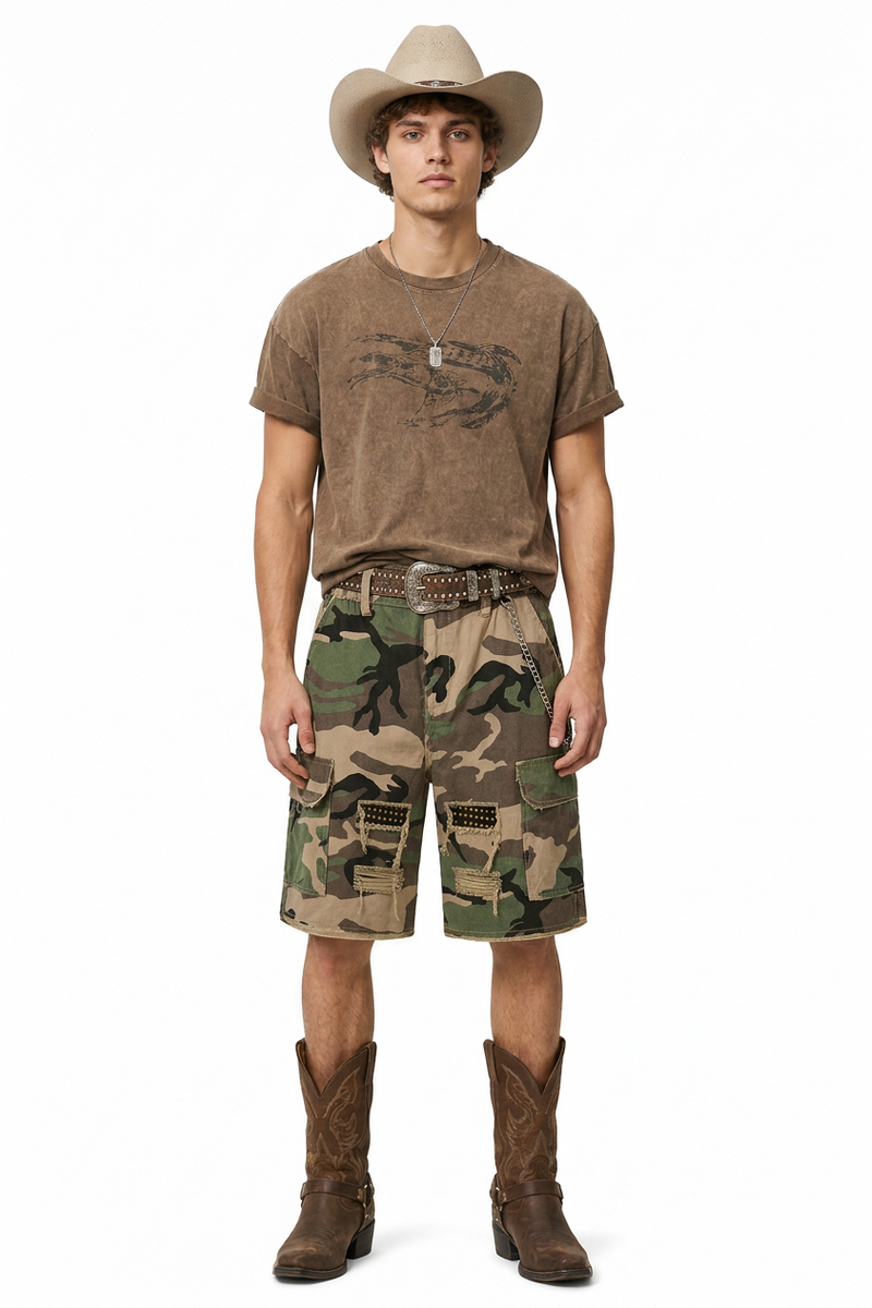 Men's Multi-Color Camo Loose Fit Cargo Denim Shorts