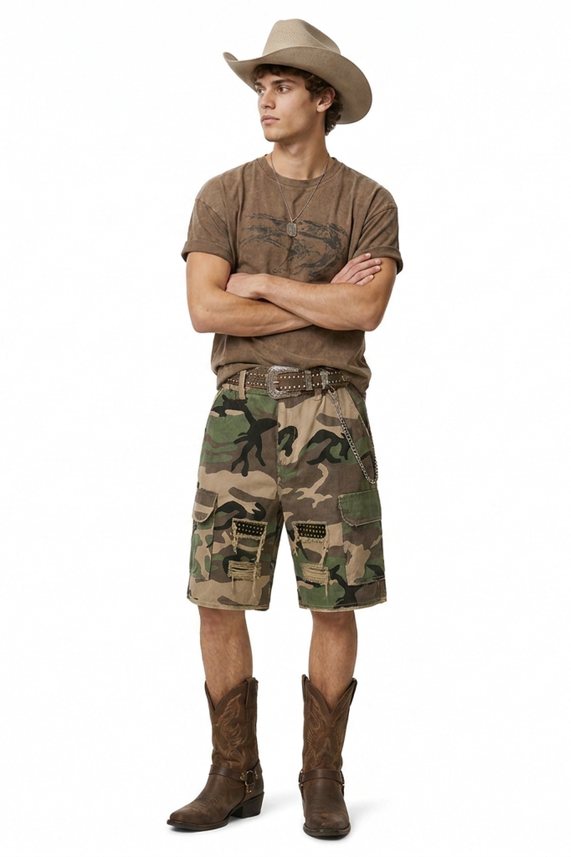 Men's Multi-Color Camo Loose Fit Cargo Denim Shorts