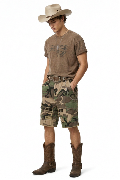 Men's Multi-Color Camo Loose Fit Cargo Denim Shorts