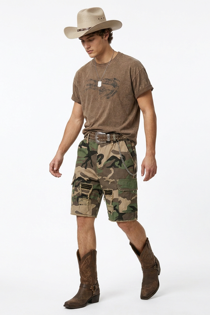 Men's Multi-Color Camo Loose Fit Cargo Denim Shorts