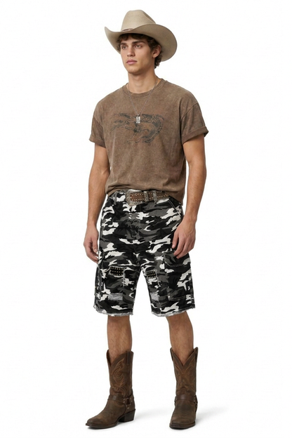 Men's Multi-Color Camo Loose Fit Cargo Denim Shorts