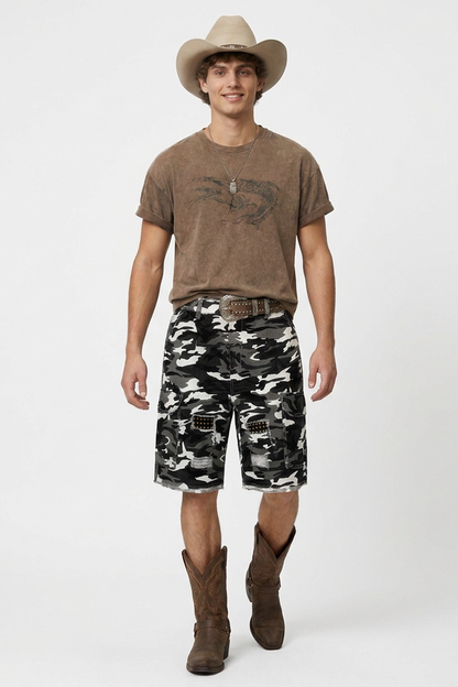Men's Multi-Color Camo Loose Fit Cargo Denim Shorts