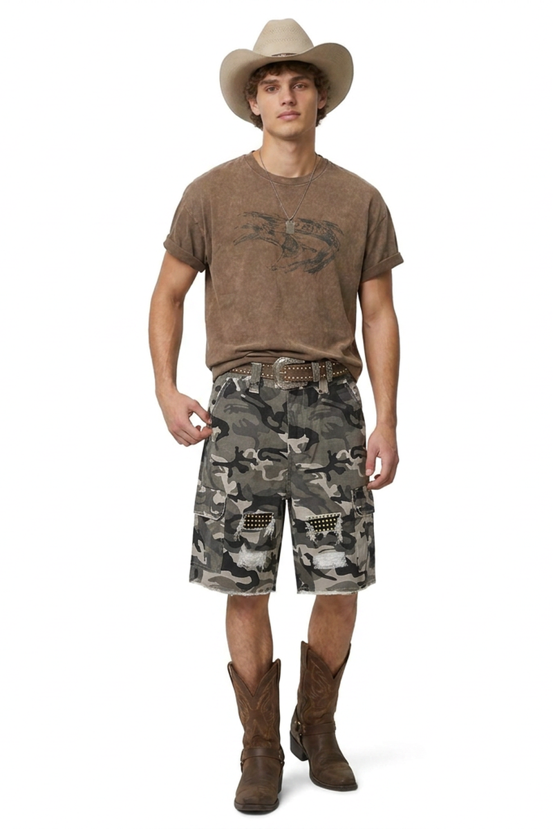 Men's Multi-Color Camo Loose Fit Cargo Denim Shorts