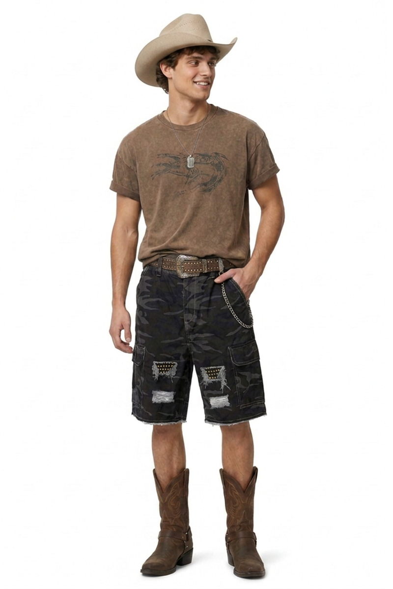 Men's Multi-Color Camo Loose Fit Cargo Denim Shorts