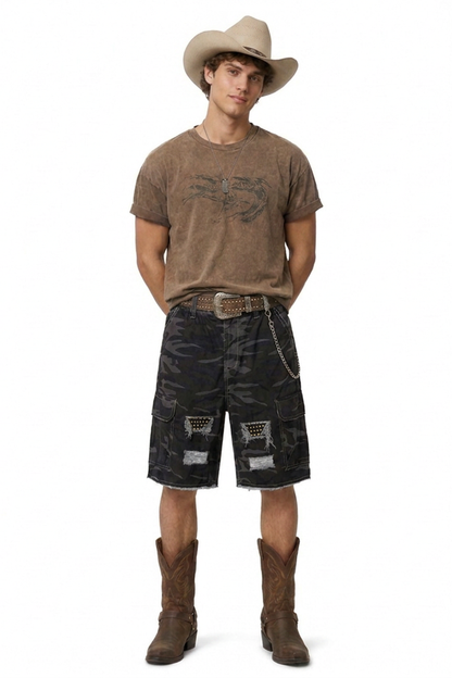 Men's Multi-Color Camo Loose Fit Cargo Denim Shorts