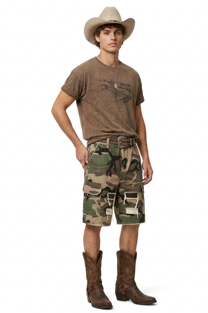 Men's Multi-Color Camo Loose Fit Cargo Denim Shorts