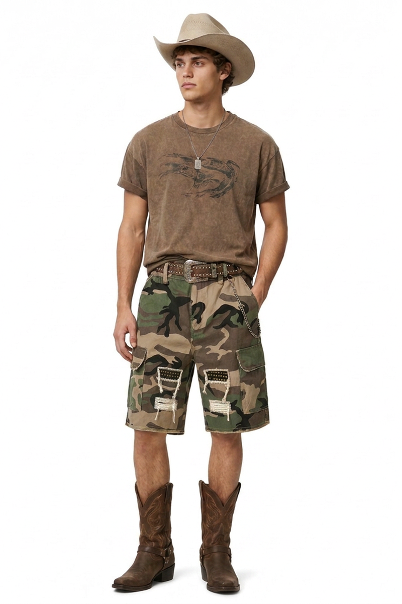 Men's Multi-Color Camo Loose Fit Cargo Denim Shorts