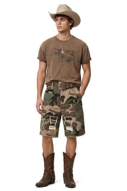Men's Multi-Color Camo Loose Fit Cargo Denim Shorts
