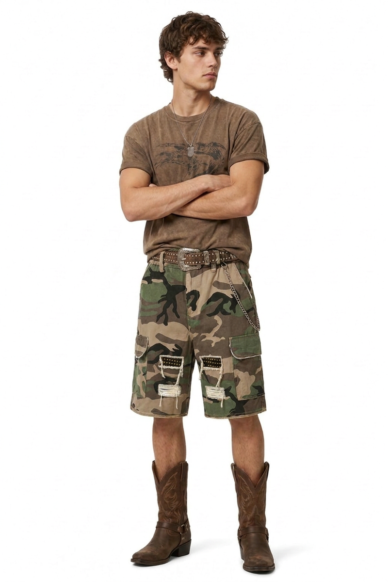 Men's Multi-Color Camo Loose Fit Cargo Denim Shorts