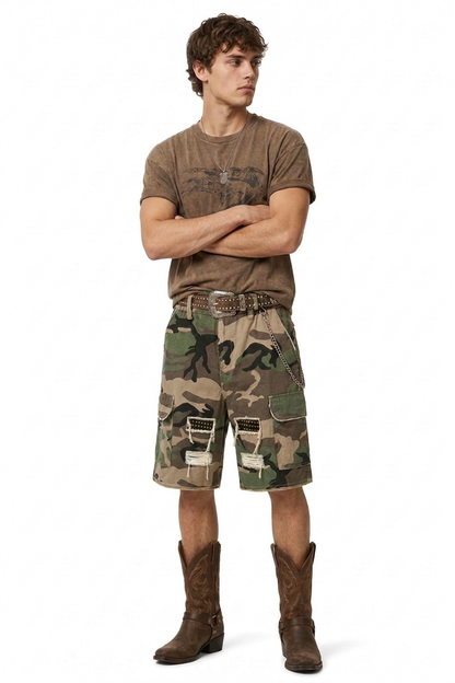 Men's Multi-Color Camo Loose Fit Cargo Denim Shorts