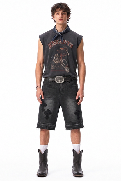 Men's Vintage Wash Cross Patch Denim Shorts