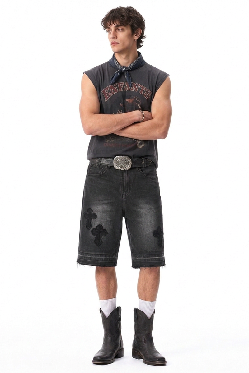 Men's Vintage Wash Cross Patch Denim Shorts