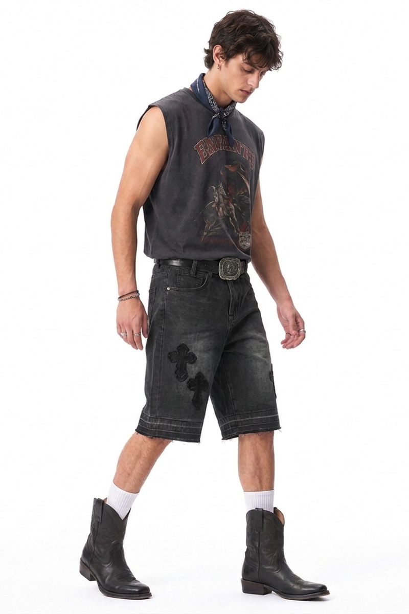 Men's Vintage Wash Cross Patch Denim Shorts