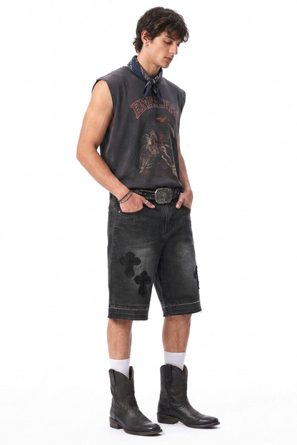 Men's Vintage Wash Cross Patch Denim Shorts