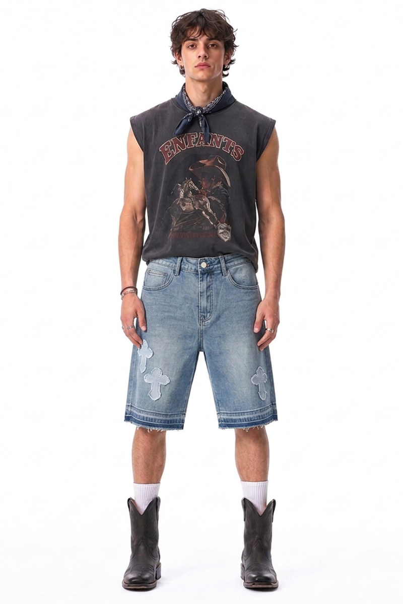 Men's Vintage Wash Cross Patch Denim Shorts
