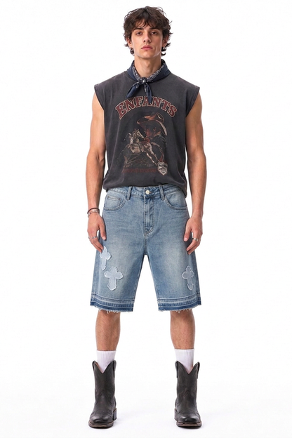 Men's Vintage Wash Cross Patch Denim Shorts