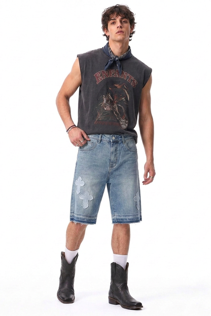 Men's Vintage Wash Cross Patch Denim Shorts