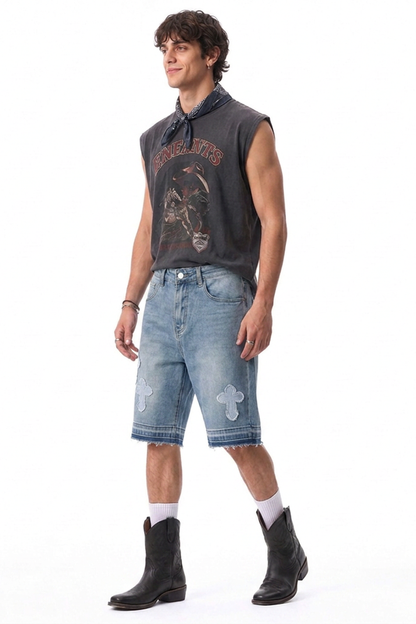 Men's Vintage Wash Cross Patch Denim Shorts