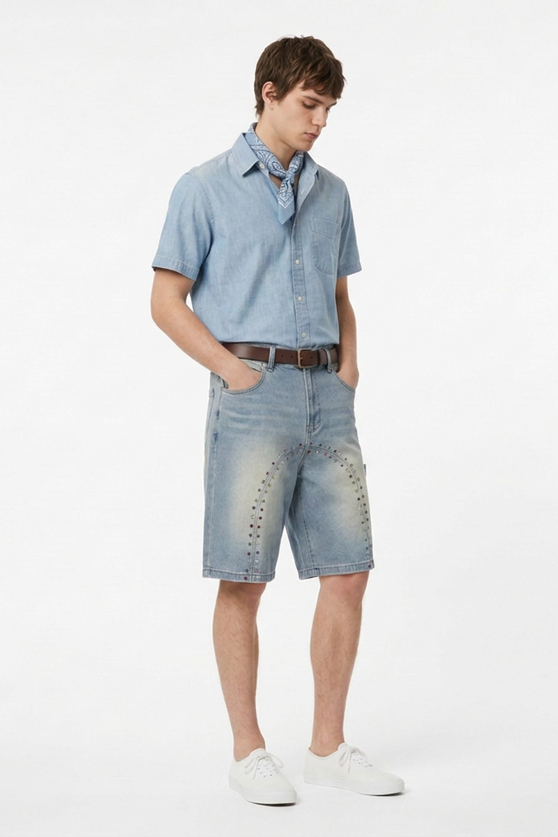 Men's Colorful Stud Trim Stretch Denim Shorts