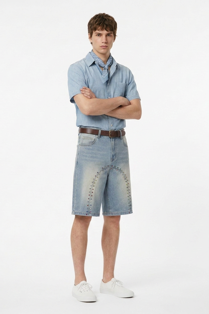 Men's Colorful Stud Trim Stretch Denim Shorts