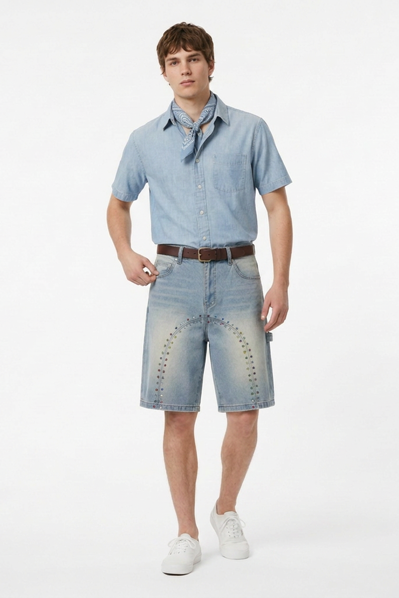 Men's Colorful Stud Trim Stretch Denim Shorts