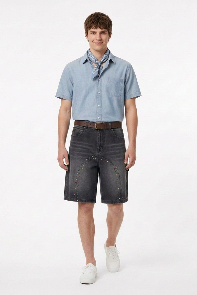 Men's Colorful Stud Trim Stretch Denim Shorts