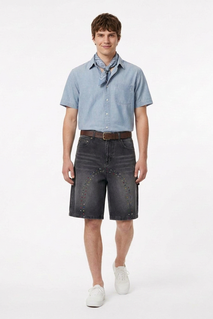 Men's Colorful Stud Trim Stretch Denim Shorts