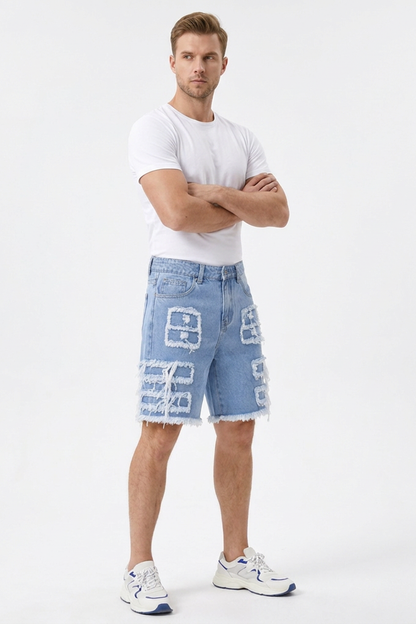 Men's Light Blue Patchwork Denim Shorts