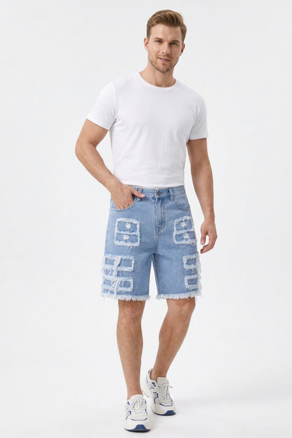 Men's Light Blue Patchwork Denim Shorts