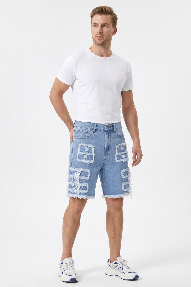 Men's Light Blue Patchwork Denim Shorts