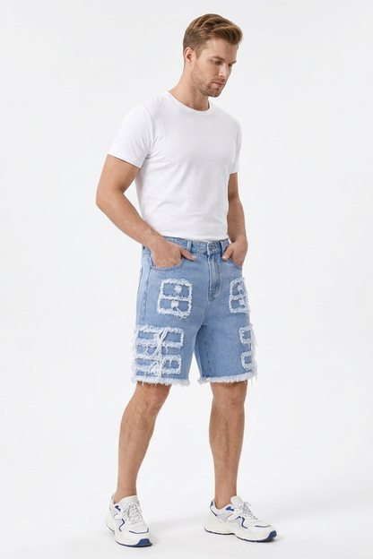 Men's Light Blue Patchwork Denim Shorts