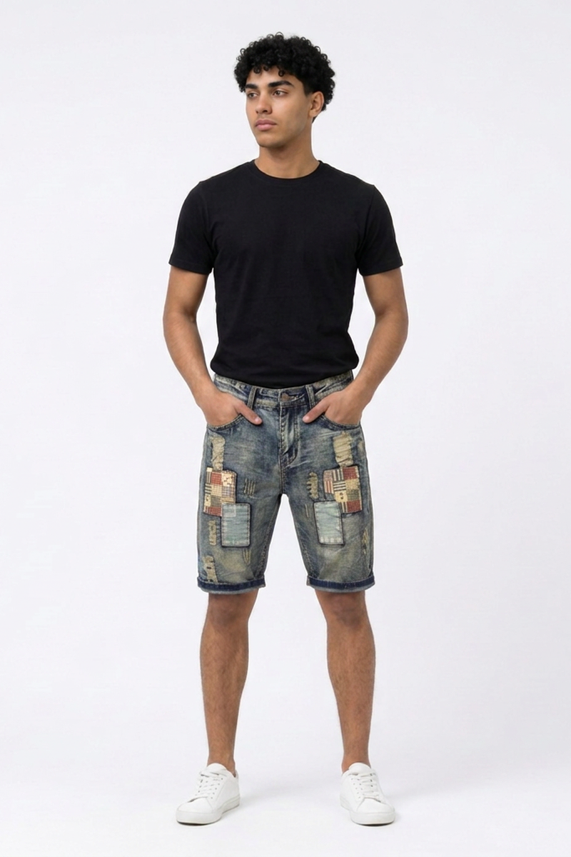 Men's Vintage Patchwork Denim Shorts